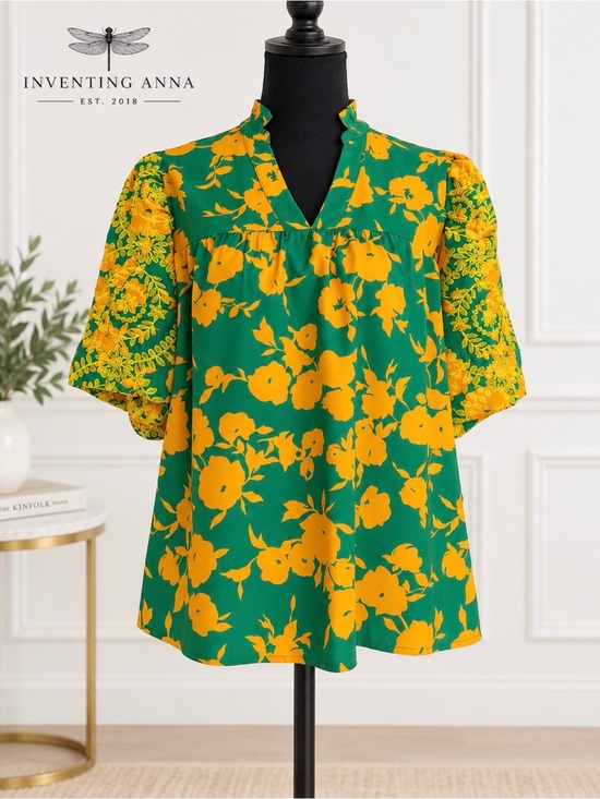 Umgee Tops - Umgee Green Orange Floral Embroidered Puff Sleeve Blouse size S